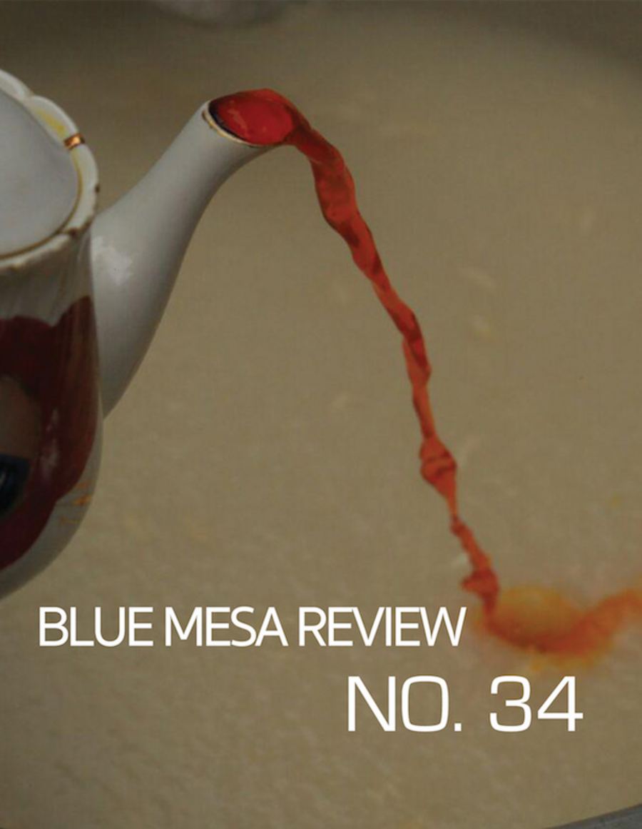 Cover of Blue Mesa Review issue 34 including tea kettle leaking orange liquid