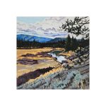 Drawing of landscape including river and mountains