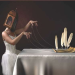 Cover of Landscape with Headless Mama including woman in white dress holding marionette feathered pens.