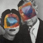 Black and white photo of old couple with colorful painting over their faces