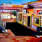 Drawing of brightly-colored gas station