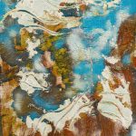 Abstract painting including blues, reds, and whites