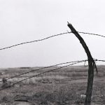 Black and white photo of field through barbed wire
