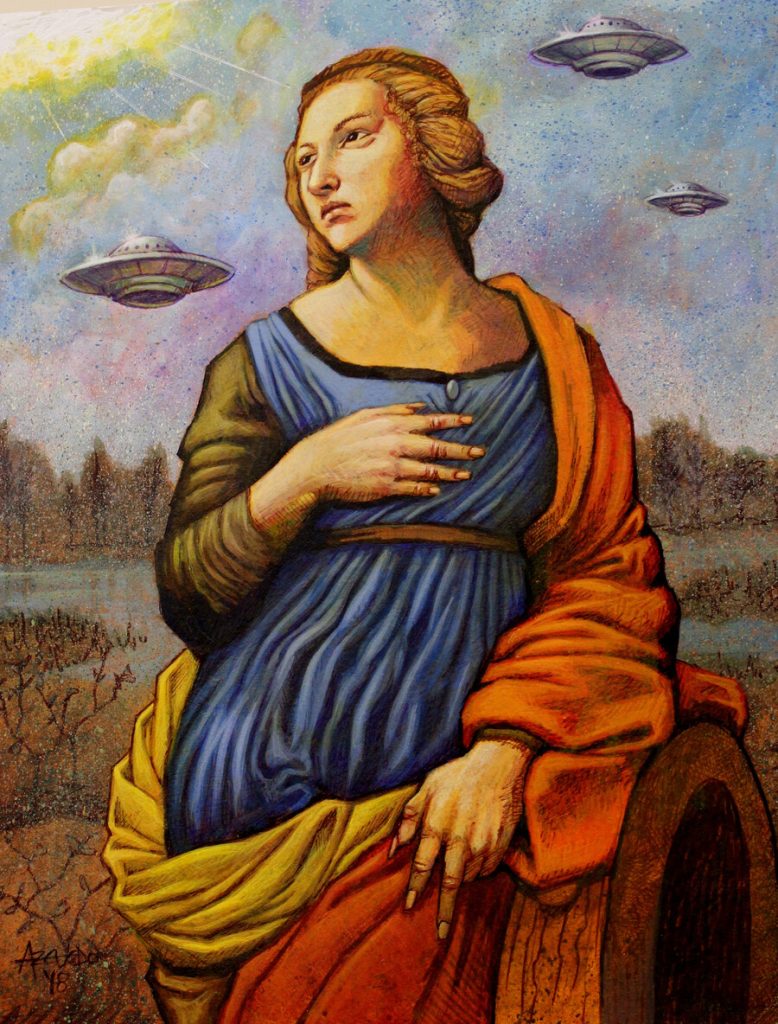 Renaissance-looking image including spaceship flying above man