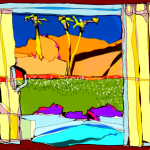 Drawing of desert landscape through sliding door