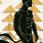 Black and gold image of man standing in water