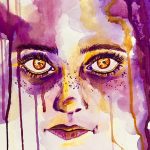 Purple and orange watercolor painting of girl with brown eyes and freckles