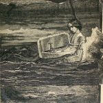 Black and white drawing of girl holding sink in river