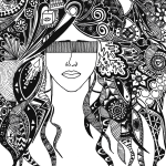 black and white drawing of woman with blindfold and hair of different patterns