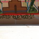 Graffiti including an image of a house and trees and reading "WATER YOUR ROOTS"