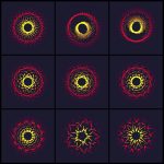 Grid of 9 red and yellow shapes, beginning with circles and ending with flowers