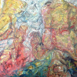 Abstract image of leaves with yellow, red, and blue