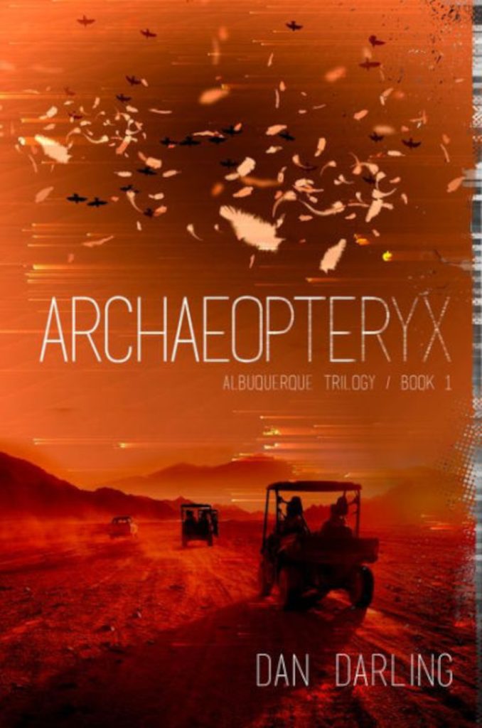 Cover of the book Archaeopteryx, showing a convoy of cars traveling across the desert.