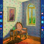 Painting of a chair in the corner of a blue-wallpapered room by a window, with a gemstone border.