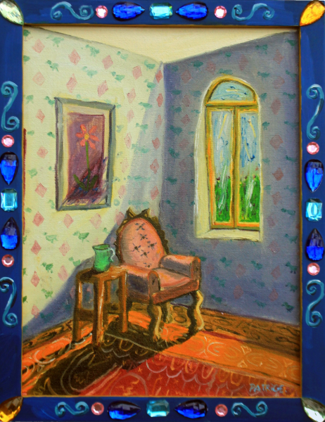 Painting of a chair in the corner of a blue-wallpapered room by a window, with a gemstone border.