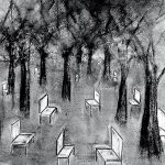 Graphite drawing of a park with thick trees and empty white chairs scattered across the ground.