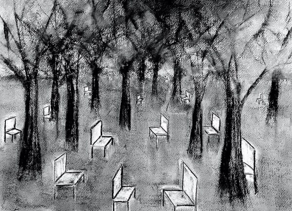 Graphite drawing of a park with thick trees and empty white chairs scattered across the ground.
