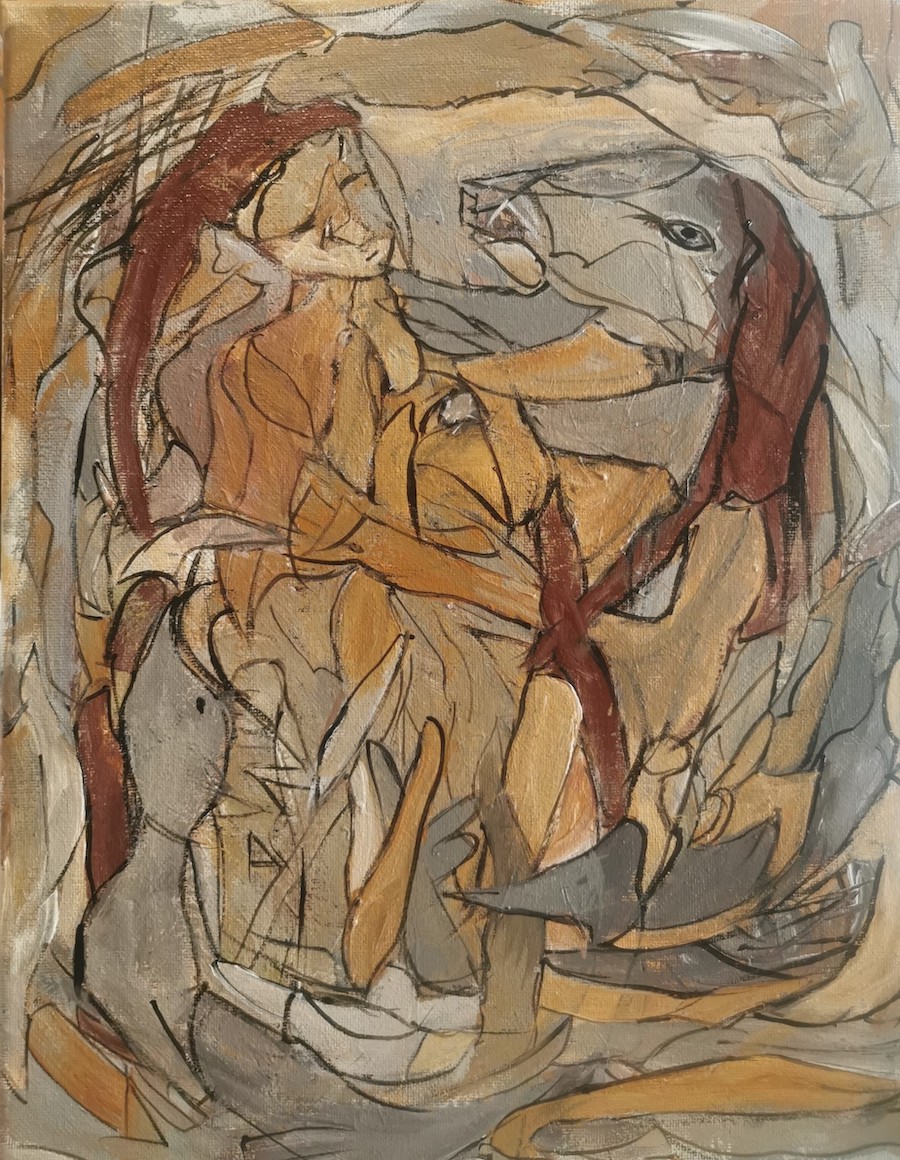 Cubist-style painting of a woman and a figure in oranges and blues.