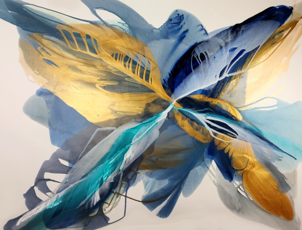 Abstract art; blue and gold paint poured on linen, streaking out in sunburst from center