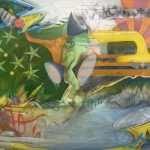 Abstract painting with greens, yellows, pinks, oranges, and blues. Stars on left.
