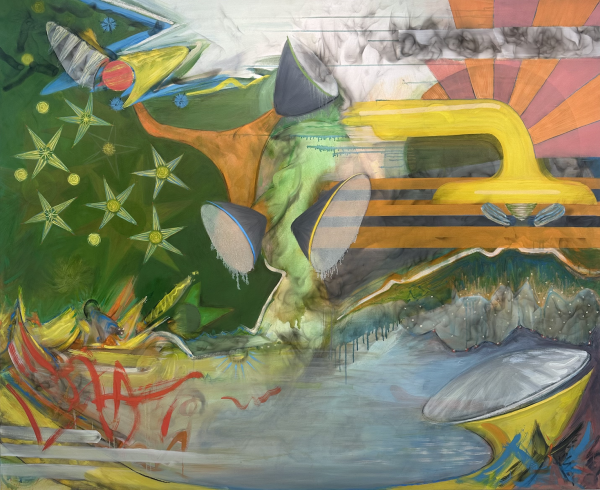 Abstract painting with greens, yellows, pinks, oranges, and blues. Stars on left.