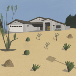 painting of a ranch house in the desert