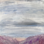 Painting of a cloudy blue sky, semi abstract, above blueish purple mountains