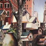 Collaged image of birdhouses in an urban scene with a tree and tall buildings.