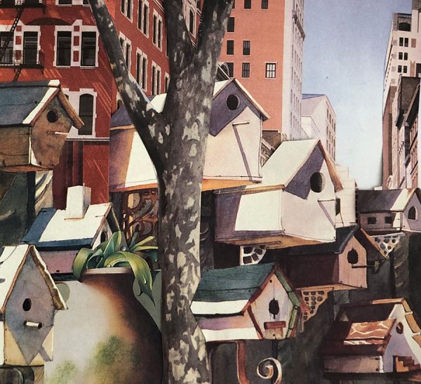 Collaged image of birdhouses in an urban scene with a tree and tall buildings.