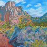 a colorful expressionist painting of a New Mexico landscape setting