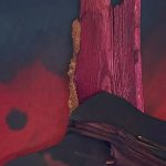 Multimedia art piece of maroon mesa with moon and star in the sky