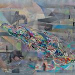 Abstract collage including animals, a man, and various colorful patterns