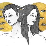 Drawing of two people combined at hair against yellow circles with eyes