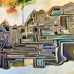 Colorful abstract image of a maze with a watercolor flourish