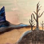 Painting of bare trees in desert landscape with pointy, blue mountains on horizon