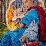 Painting of a black woman in the woods carrying a basket of red apples with a wolf behind her with a city burning the distance.