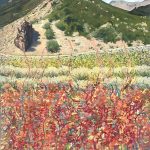 Painting of a desert mountain in the background and pink flowers in the foreground