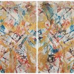 Abstract diptych painting with colors of yellow, red, and blue